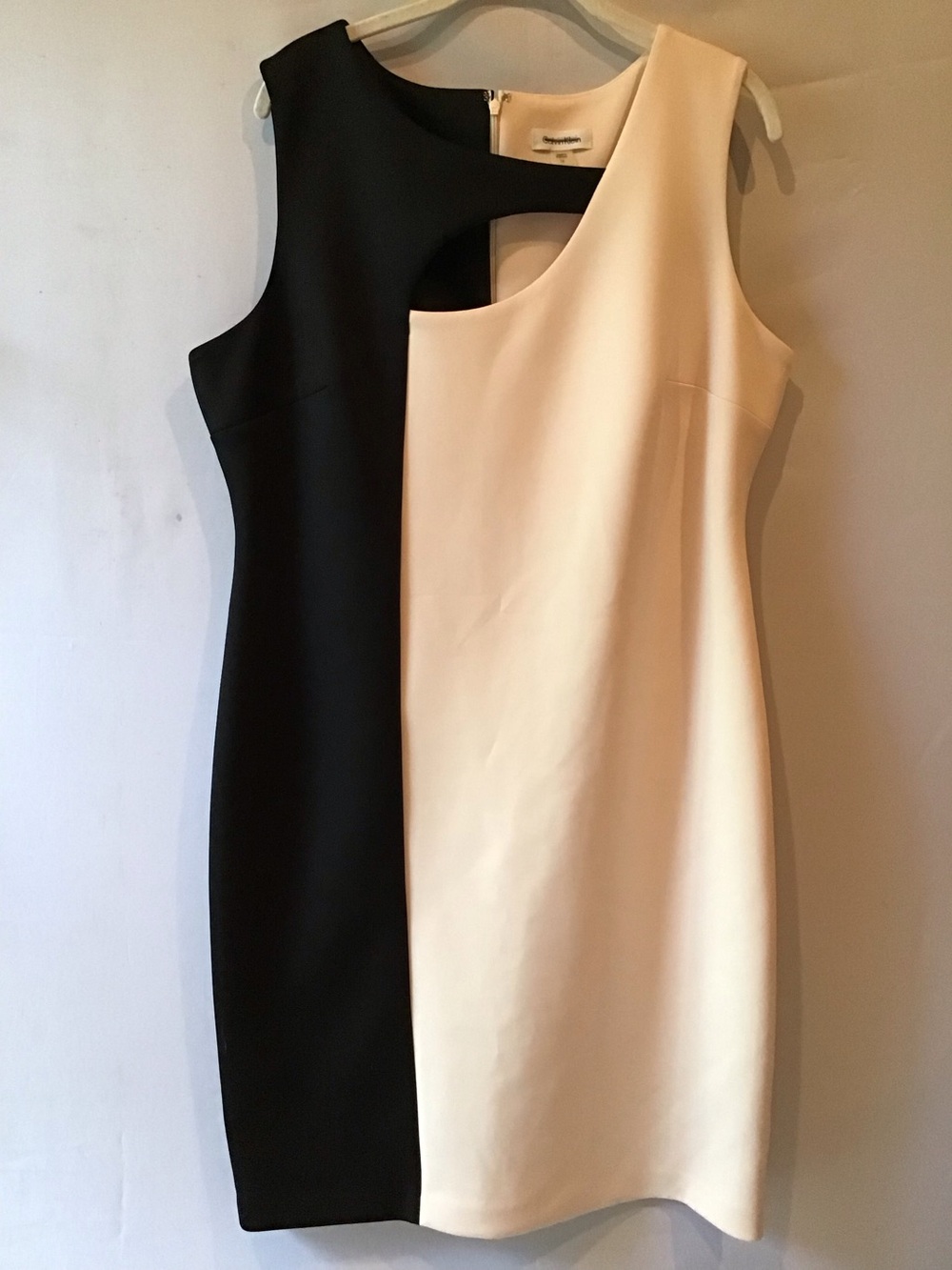 478 Calvin Klein Black and Cream Asymmetric Sheath Dress